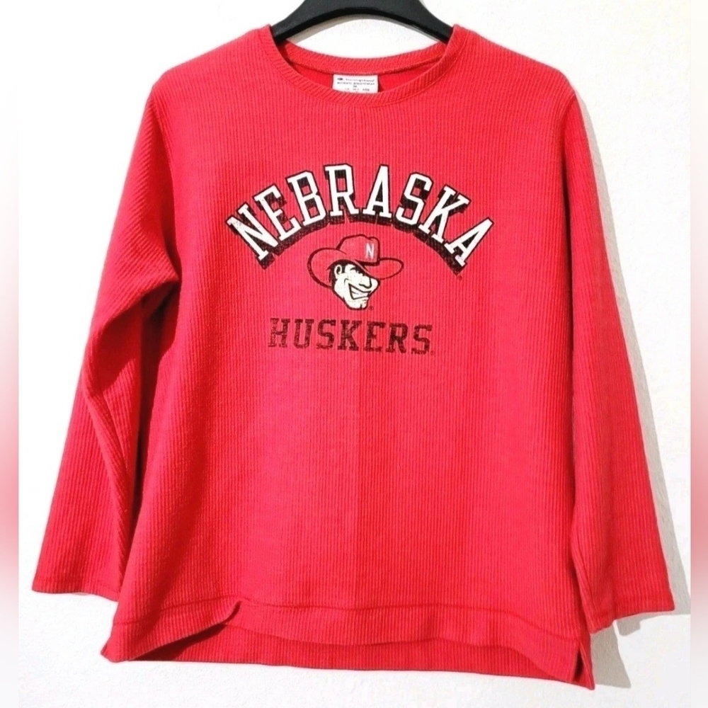 Champion Nebraska Huskers Red Long Sleeve Waffle Knit Shirt Women’s Size Medium - Picture 2 of 9